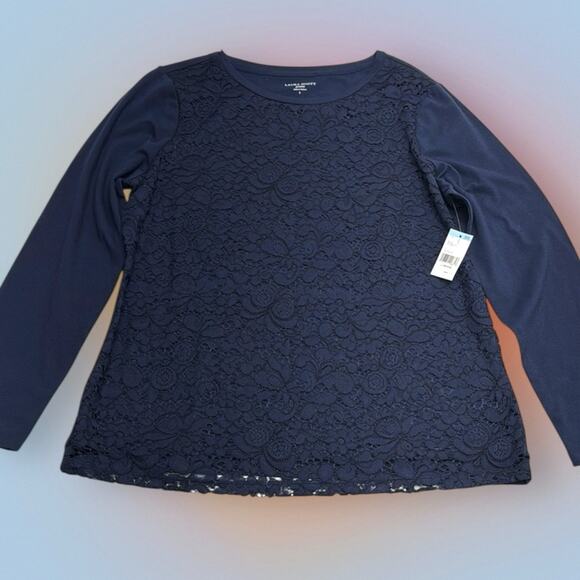 LAURA SCOTT Women’s Petite Large Blue Lace Long Sleeve Top - Picture 2 of 6